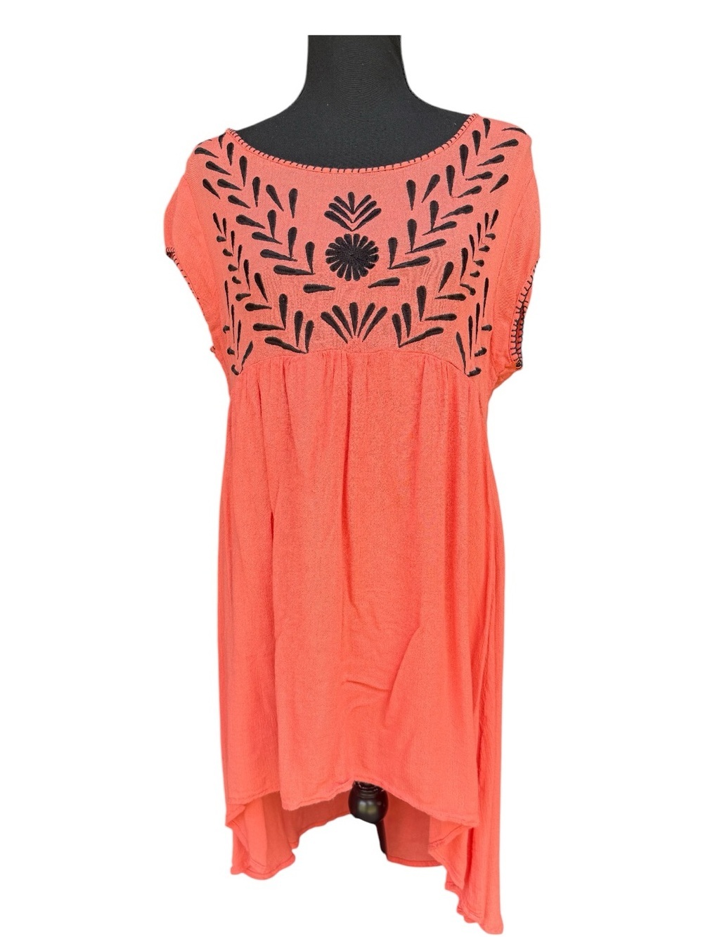 Cost Plus World Market Coral Tunic with Black Embroidery
